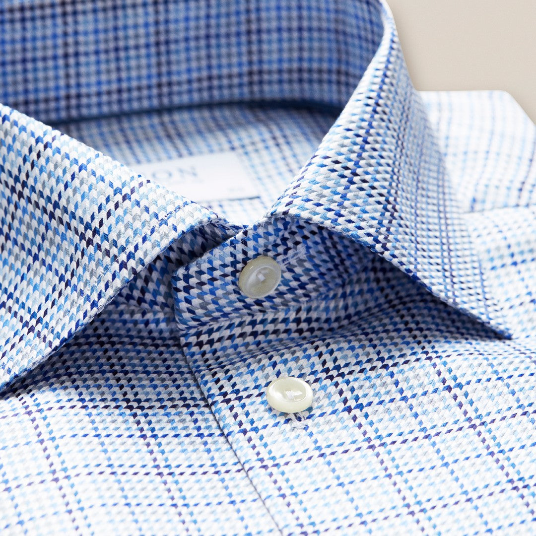 ETON Contemporary Fit Houndstooth Check Shirt Mid Blue-MALFORD OF LONDON SAVILE ROW MENSWEAR OUTLET