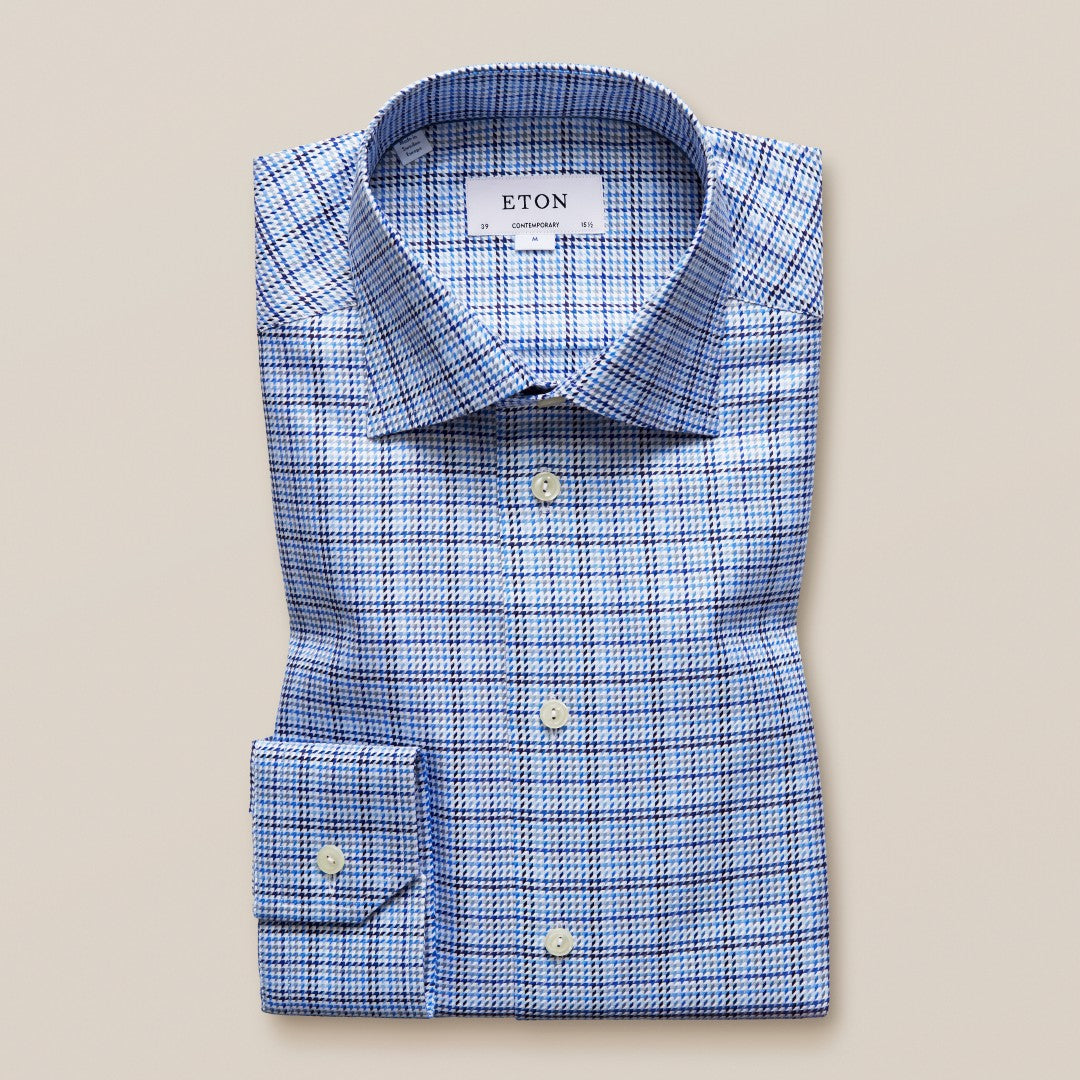 ETON Contemporary Fit Houndstooth Check Shirt Mid Blue-MALFORD OF LONDON SAVILE ROW MENSWEAR OUTLET