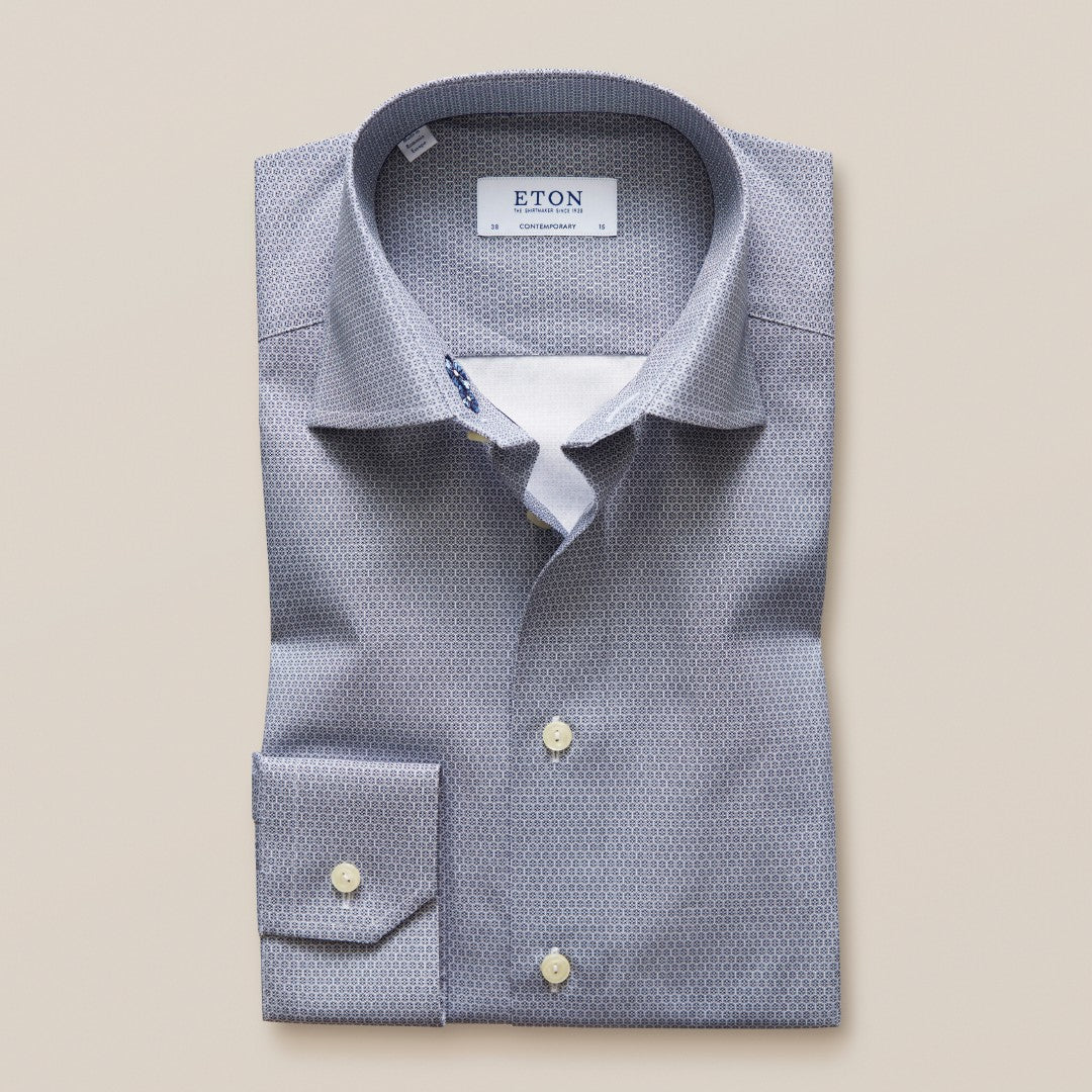 ETON Contemporary Fit Micro Flower Tile Shirt Navy Blue-MALFORD OF LONDON SAVILE ROW MENSWEAR OUTLET