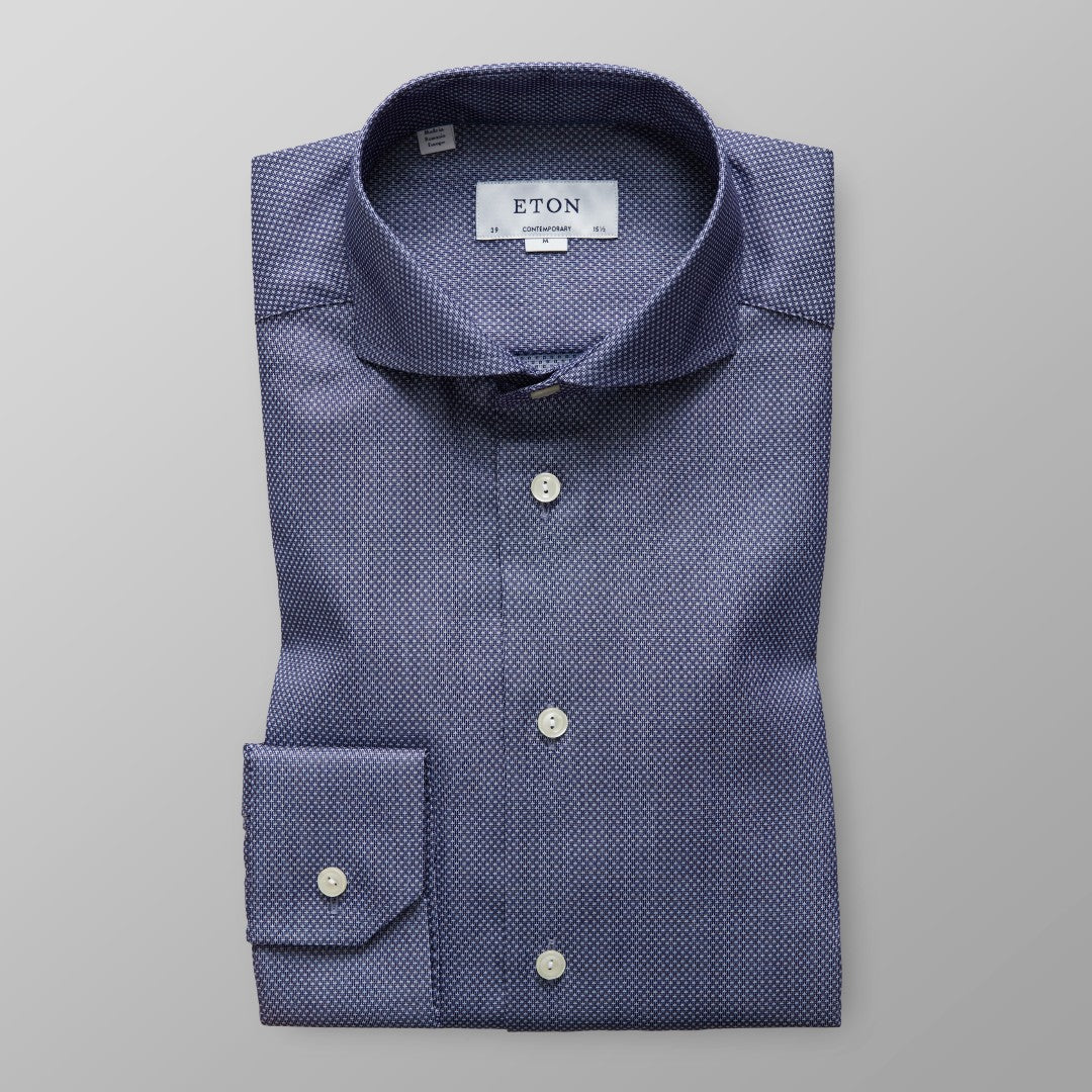 ETON Contemporary Fit Micro Geometric Pattern Shirt Mid Blue-MALFORD OF LONDON SAVILE ROW MENSWEAR OUTLET