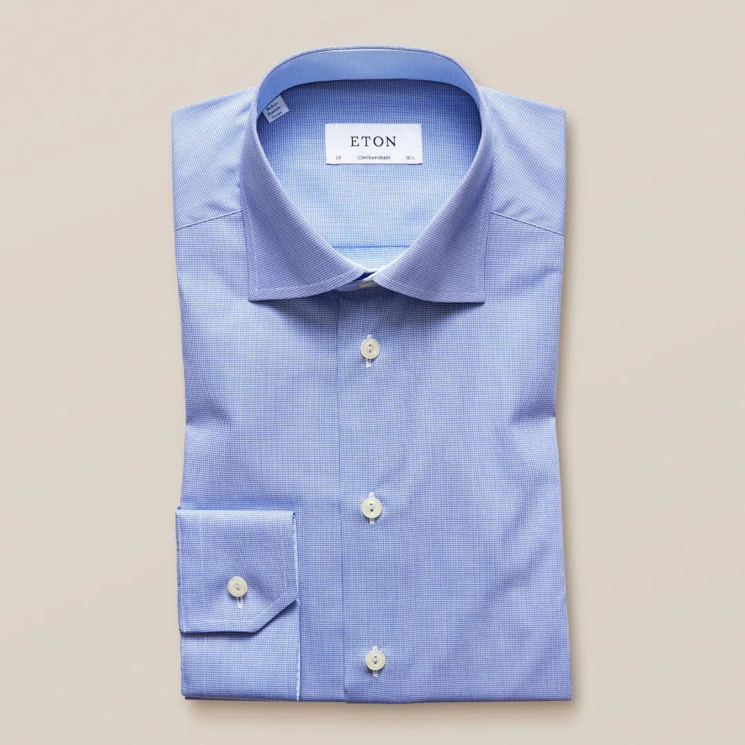 ETON Contemporary Fit Micro Houndstooth Shirt Mid Blue-MALFORD OF LONDON SAVILE ROW MENSWEAR OUTLET