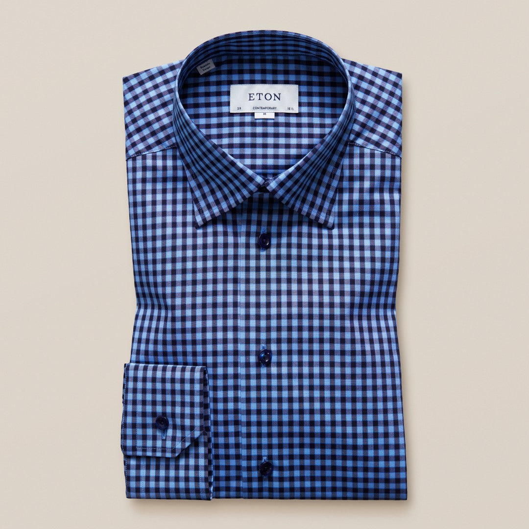 ETON Contemporary Fit Small Check Shirt Mid Blue-MALFORD OF LONDON SAVILE ROW MENSWEAR OUTLET