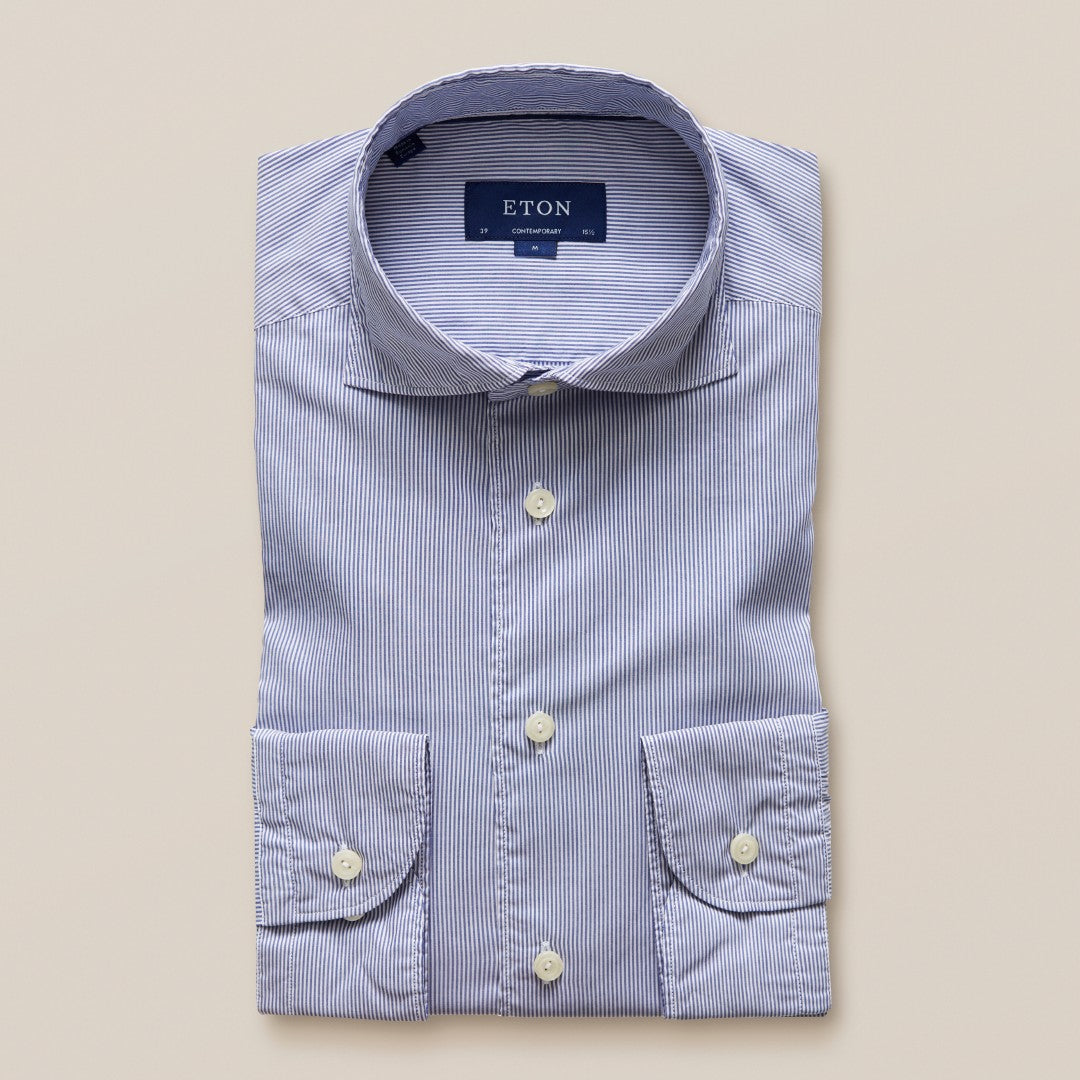 ETON Contemporary Fit Striped Shirt Mid Blue-MALFORD OF LONDON SAVILE ROW MENSWEAR OUTLET