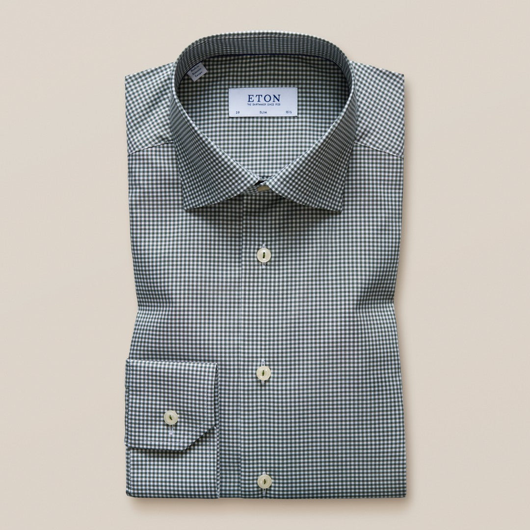 ETON Slim Fit Micro Gingham Shirt Mid green-MALFORD OF LONDON SAVILE ROW MENSWEAR OUTLET