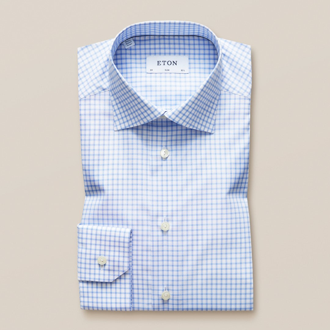 ETON Slim Fit Small Graph Check Shirt Light Blue-MALFORD OF LONDON SAVILE ROW MENSWEAR OUTLET