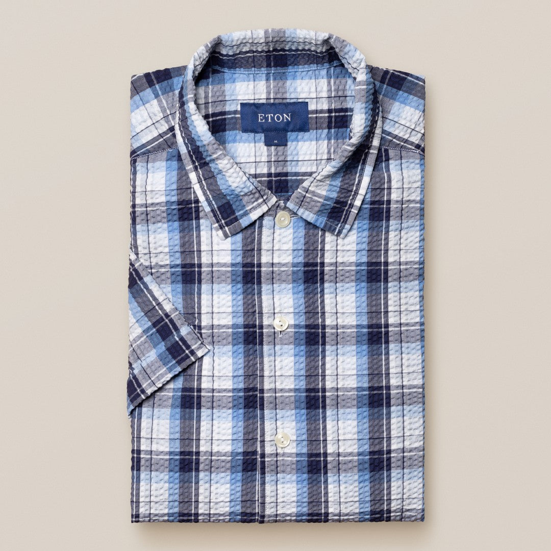 Eton Classic Fit Check Short Sleeve Shirt Mid Blue-MALFORD OF LONDON SAVILE ROW MENSWEAR OUTLET