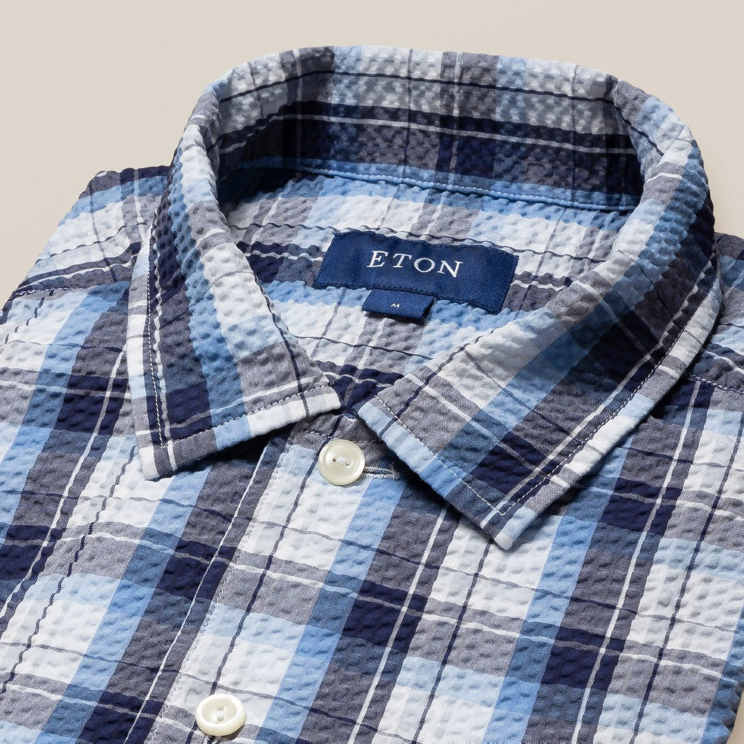 Eton Classic Fit Check Short Sleeve Shirt Mid Blue-MALFORD OF LONDON SAVILE ROW MENSWEAR OUTLET