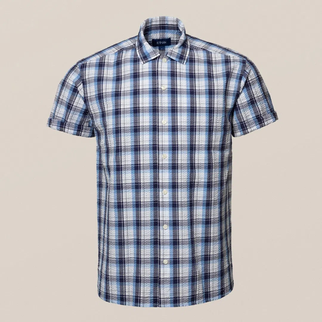 Eton Classic Fit Check Short Sleeve Shirt Mid Blue-MALFORD OF LONDON SAVILE ROW MENSWEAR OUTLET