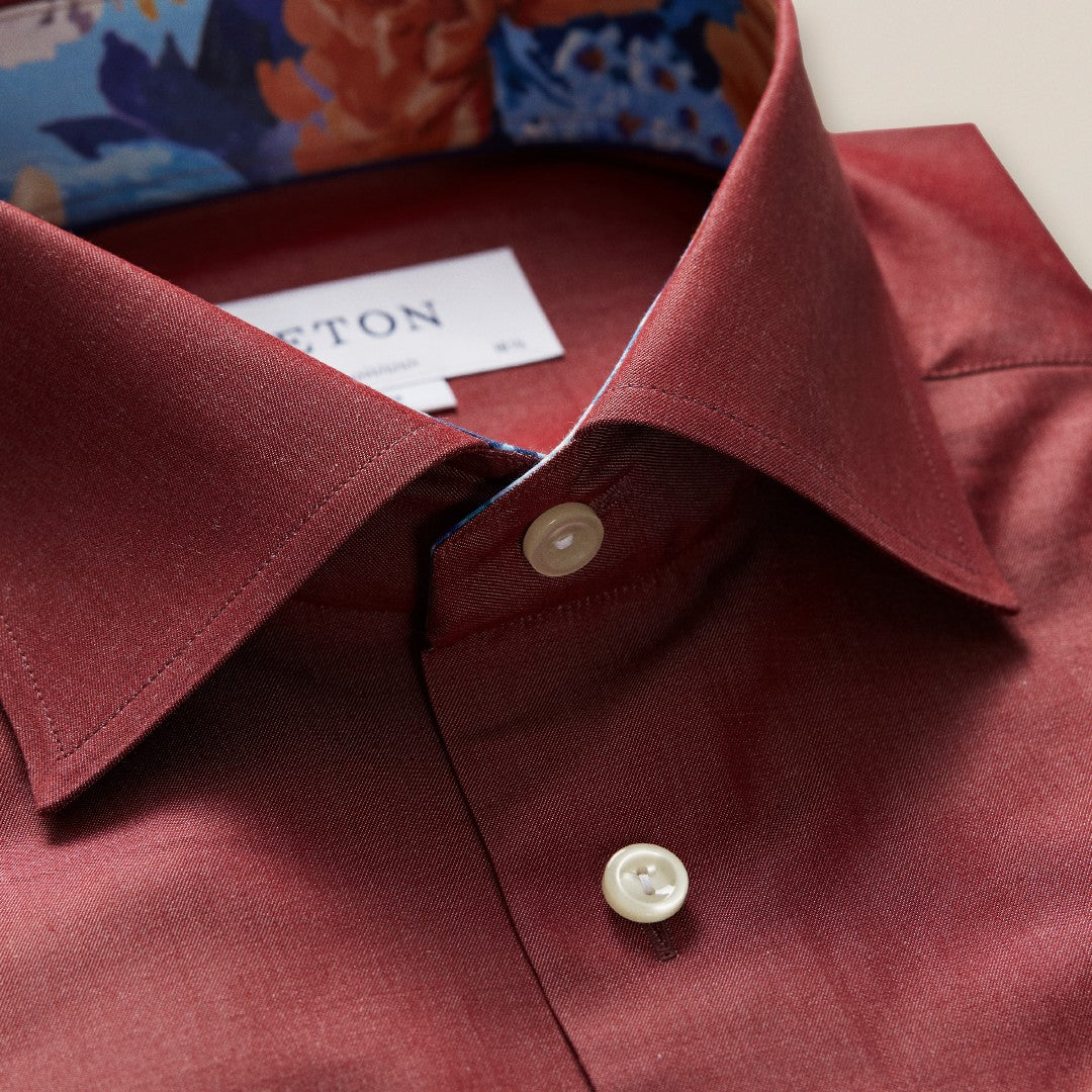 Eton Classic Fit Floral Trim Shirt Dark Red-MALFORD OF LONDON SAVILE ROW MENSWEAR OUTLET