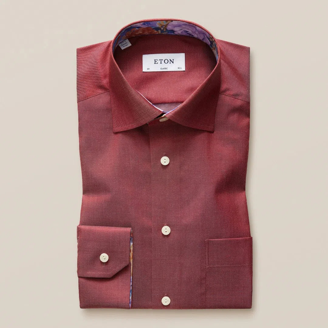 Eton Classic Fit Floral Trim Shirt Dark Red-MALFORD OF LONDON SAVILE ROW MENSWEAR OUTLET