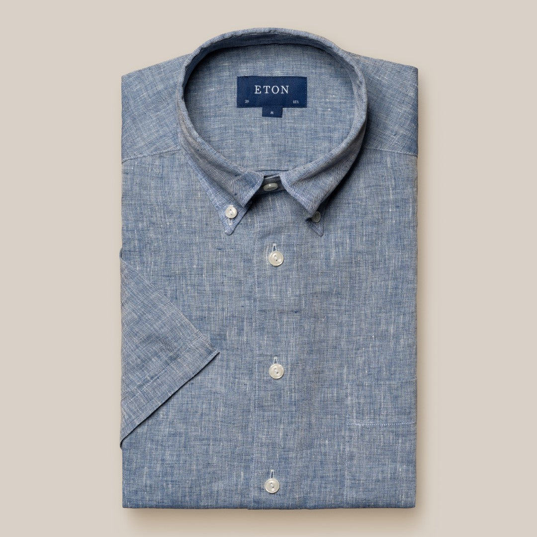 Eton Classic Fit Short Sleeve Melange Shirt Mid Blue-MALFORD OF LONDON SAVILE ROW MENSWEAR OUTLET