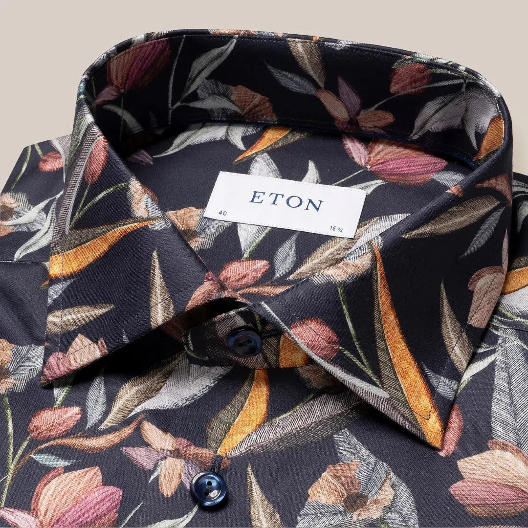 Eton Classic Fit Sketch Flowers Twill Shirt Navy Blue-MALFORD OF LONDON SAVILE ROW MENSWEAR OUTLET