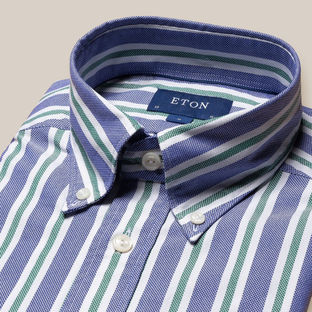 Eton Classic Fit Striped Shirt Mid Blue / Green-MALFORD OF LONDON SAVILE ROW MENSWEAR OUTLET