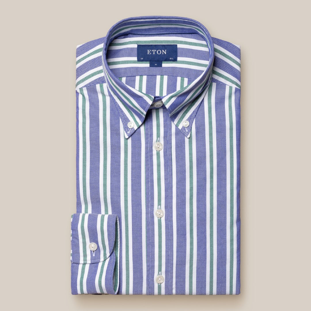 Eton Classic Fit Striped Shirt Mid Blue / Green-MALFORD OF LONDON SAVILE ROW MENSWEAR OUTLET