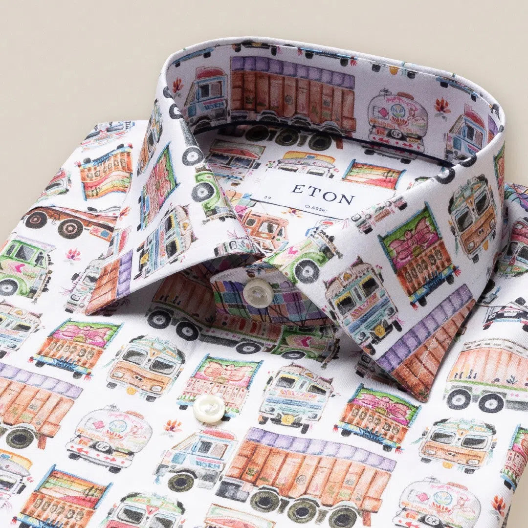 Eton Classic Fit Truck Print Shirt White-MALFORD OF LONDON SAVILE ROW MENSWEAR OUTLET