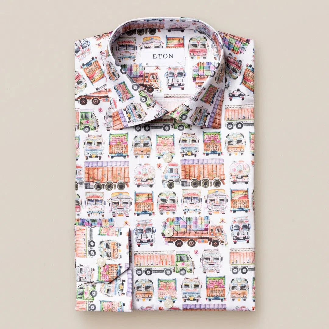 Eton Classic Fit Truck Print Shirt White-MALFORD OF LONDON SAVILE ROW MENSWEAR OUTLET