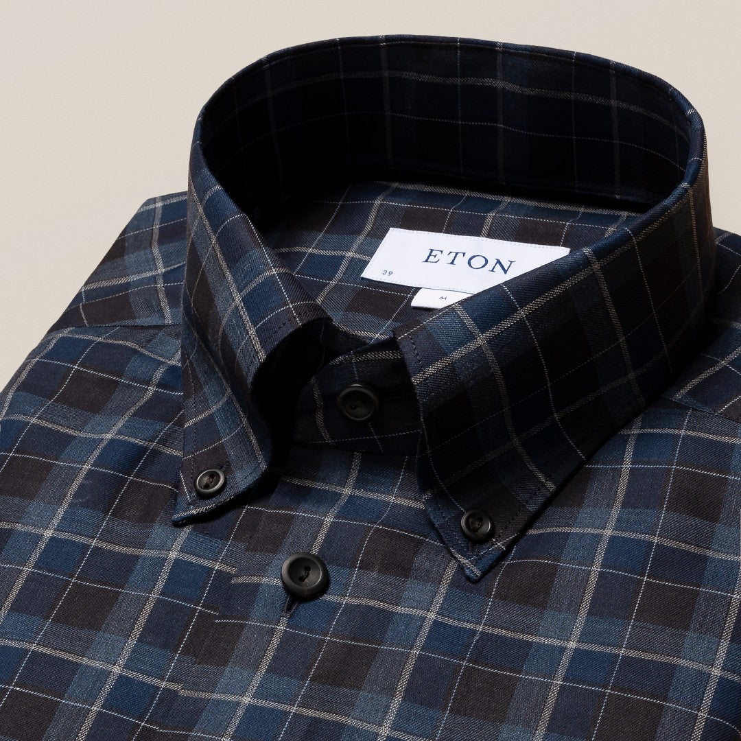 Eton Contemporary Fit Check Flannel Shirt Navy Blue-MALFORD OF LONDON SAVILE ROW MENSWEAR OUTLET