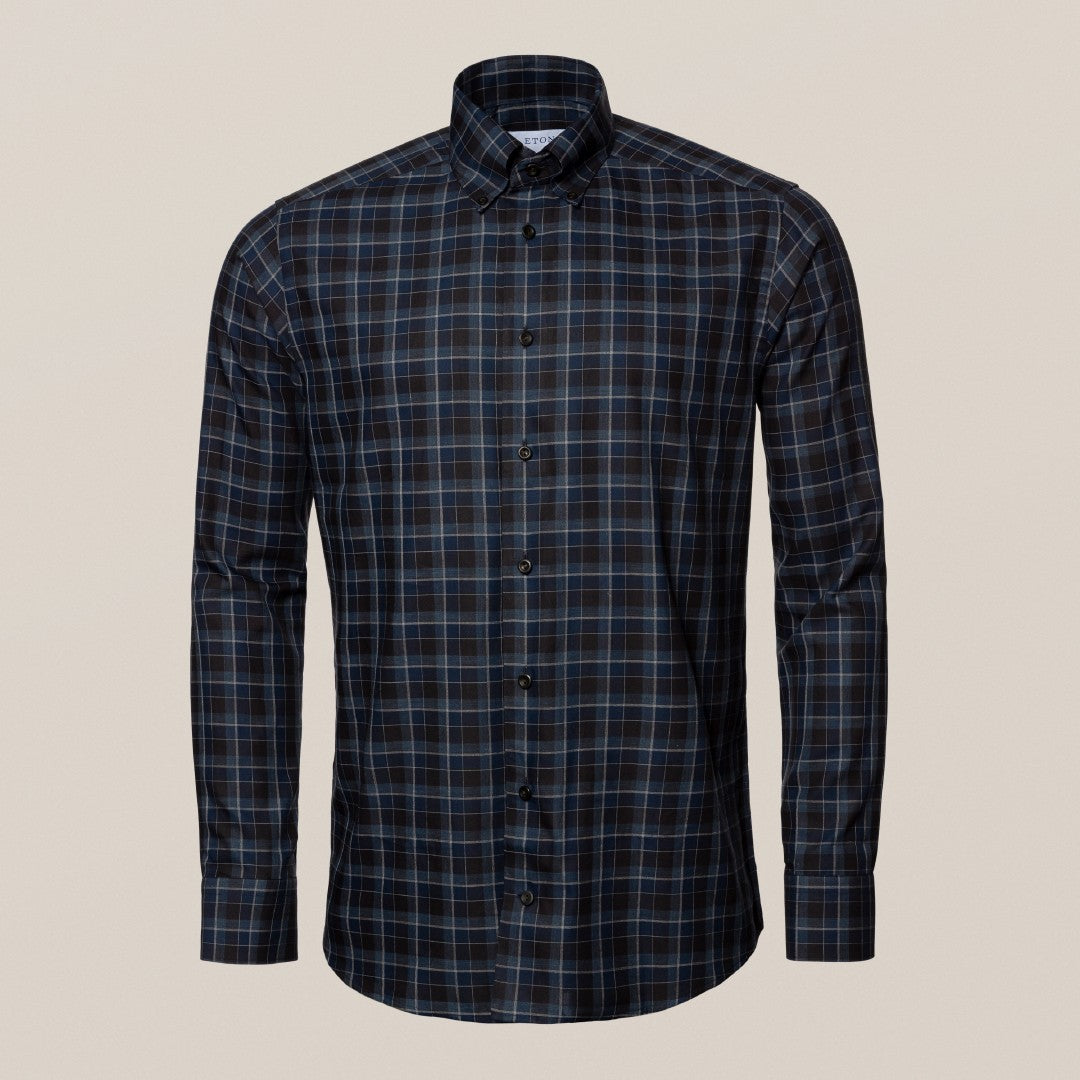 Eton Contemporary Fit Check Flannel Shirt Navy Blue-MALFORD OF LONDON SAVILE ROW MENSWEAR OUTLET