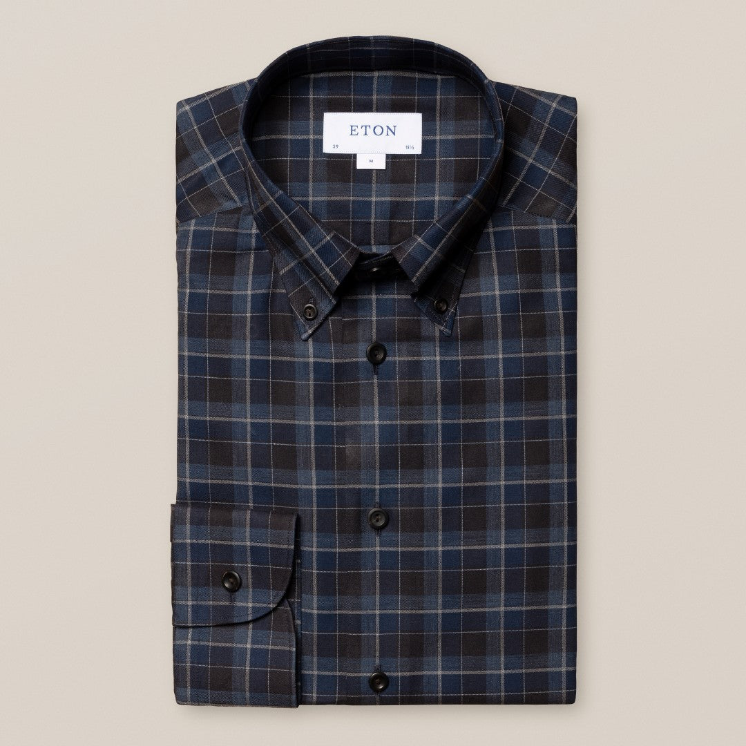 Eton Contemporary Fit Check Flannel Shirt Navy Blue-MALFORD OF LONDON SAVILE ROW MENSWEAR OUTLET