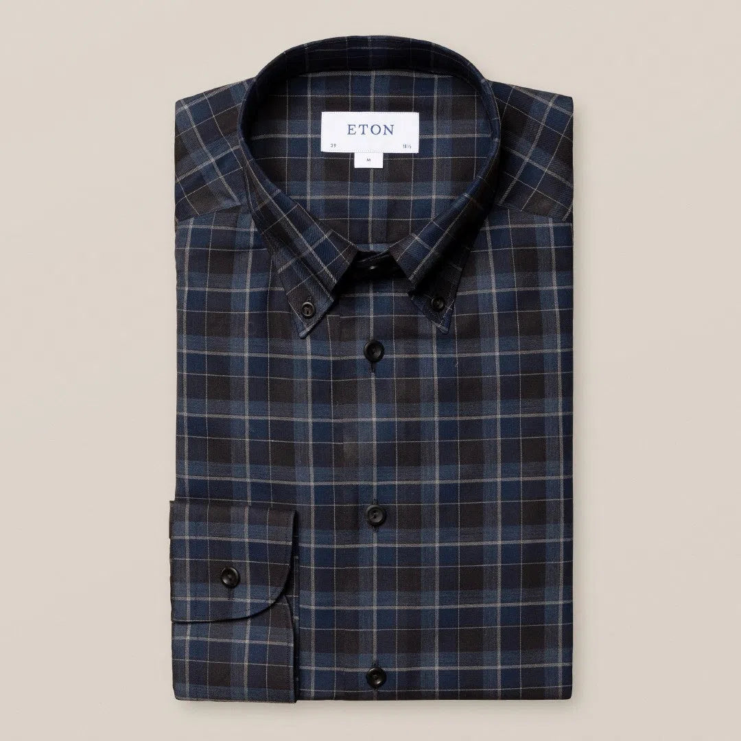 Eton Contemporary Fit Check Flannel Shirt Navy Blue-MALFORD OF LONDON SAVILE ROW MENSWEAR OUTLET