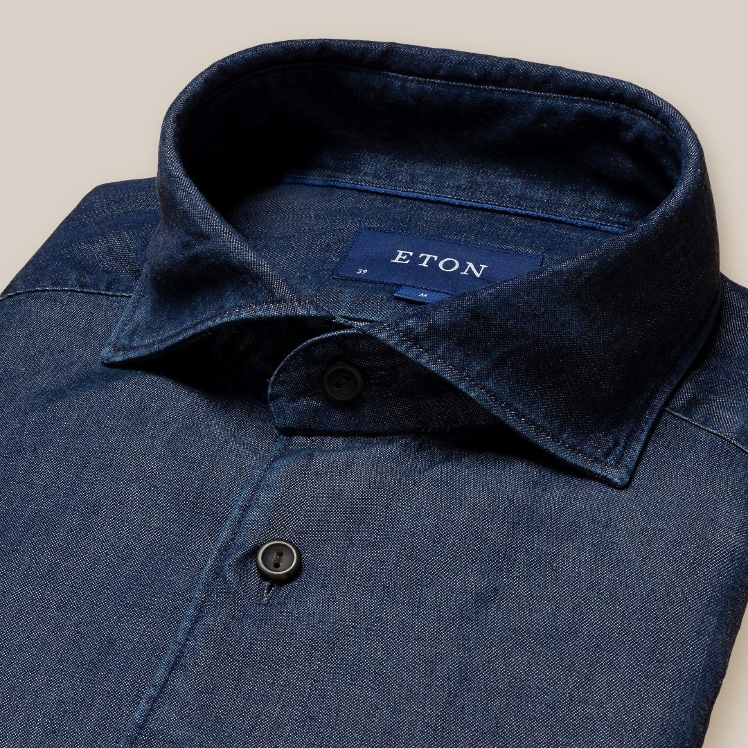 Eton Contemporary Fit Denim Look Shirt Navy Blue-MALFORD OF LONDON SAVILE ROW MENSWEAR OUTLET