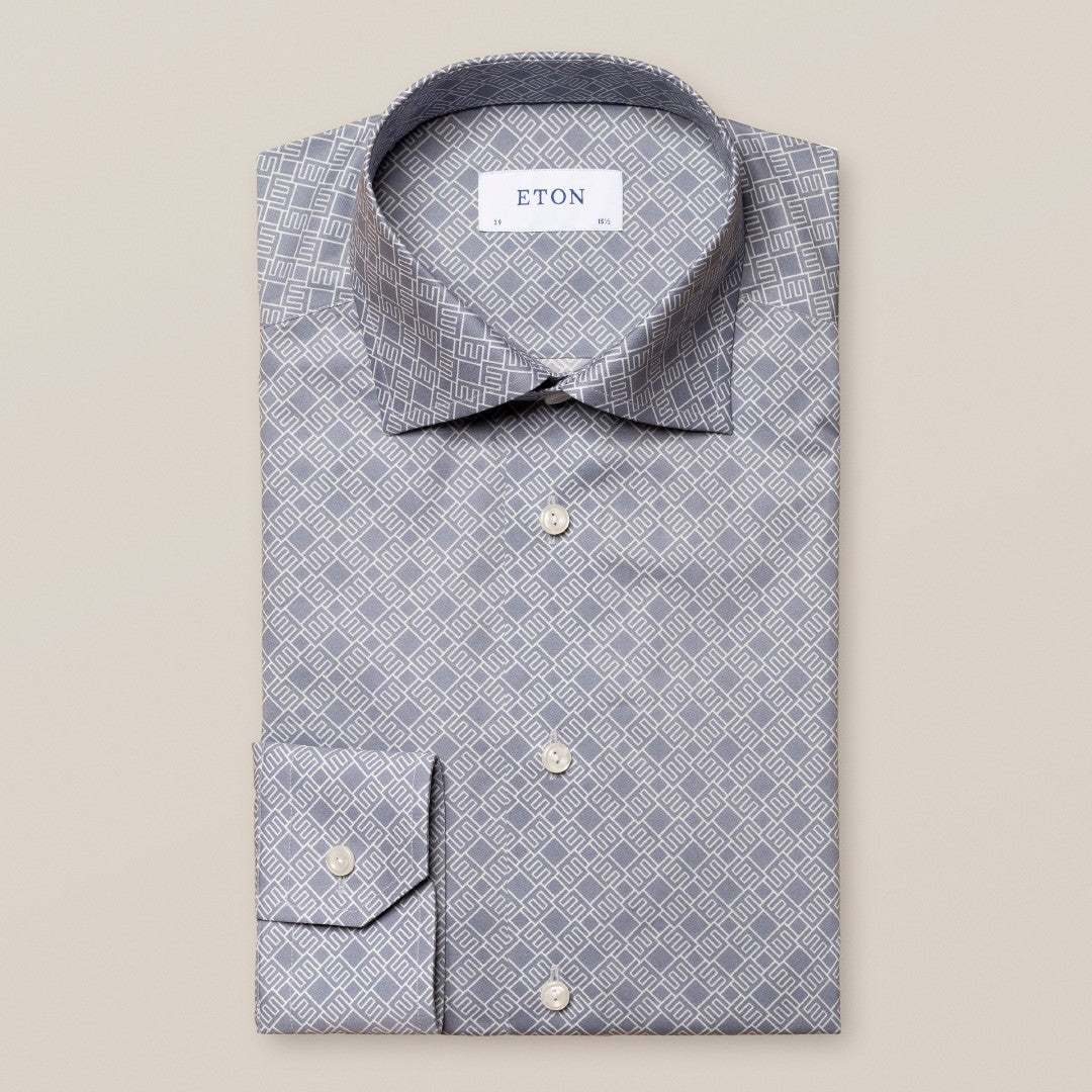 Eton Contemporary Fit E Logo Pattern Shirt Light Blue-MALFORD OF LONDON SAVILE ROW MENSWEAR OUTLET