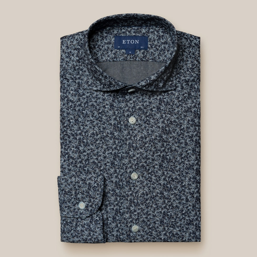 Eton Contemporary Fit Floral Chambray Shirt Dark Blue-MALFORD OF LONDON SAVILE ROW MENSWEAR OUTLET