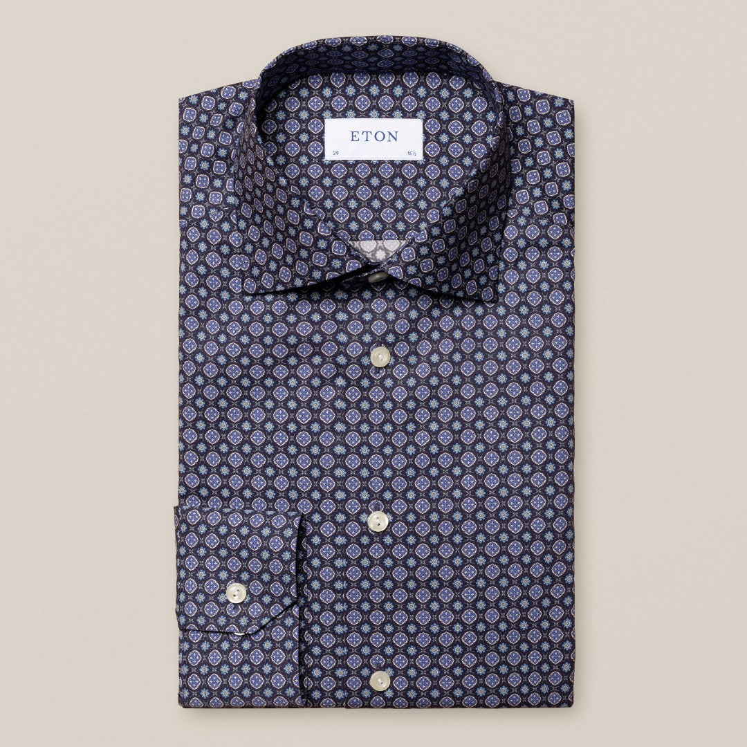 Eton Contemporary Fit Floral Mosaic Shirt Mid Blue-MALFORD OF LONDON SAVILE ROW MENSWEAR OUTLET