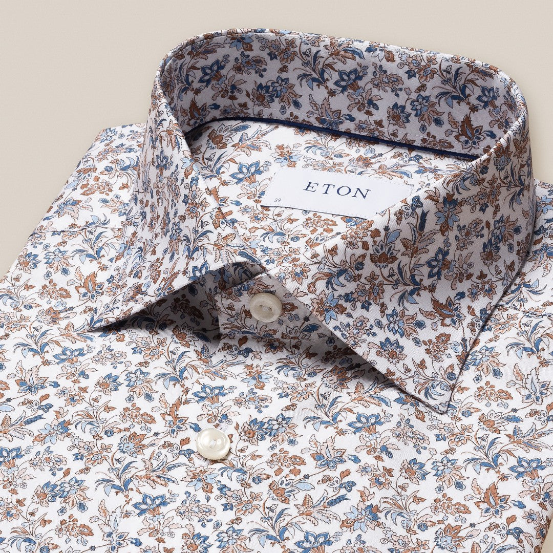 Eton Contemporary Fit Floral Shirt Beige/Brown/Blue-MALFORD OF LONDON SAVILE ROW MENSWEAR OUTLET