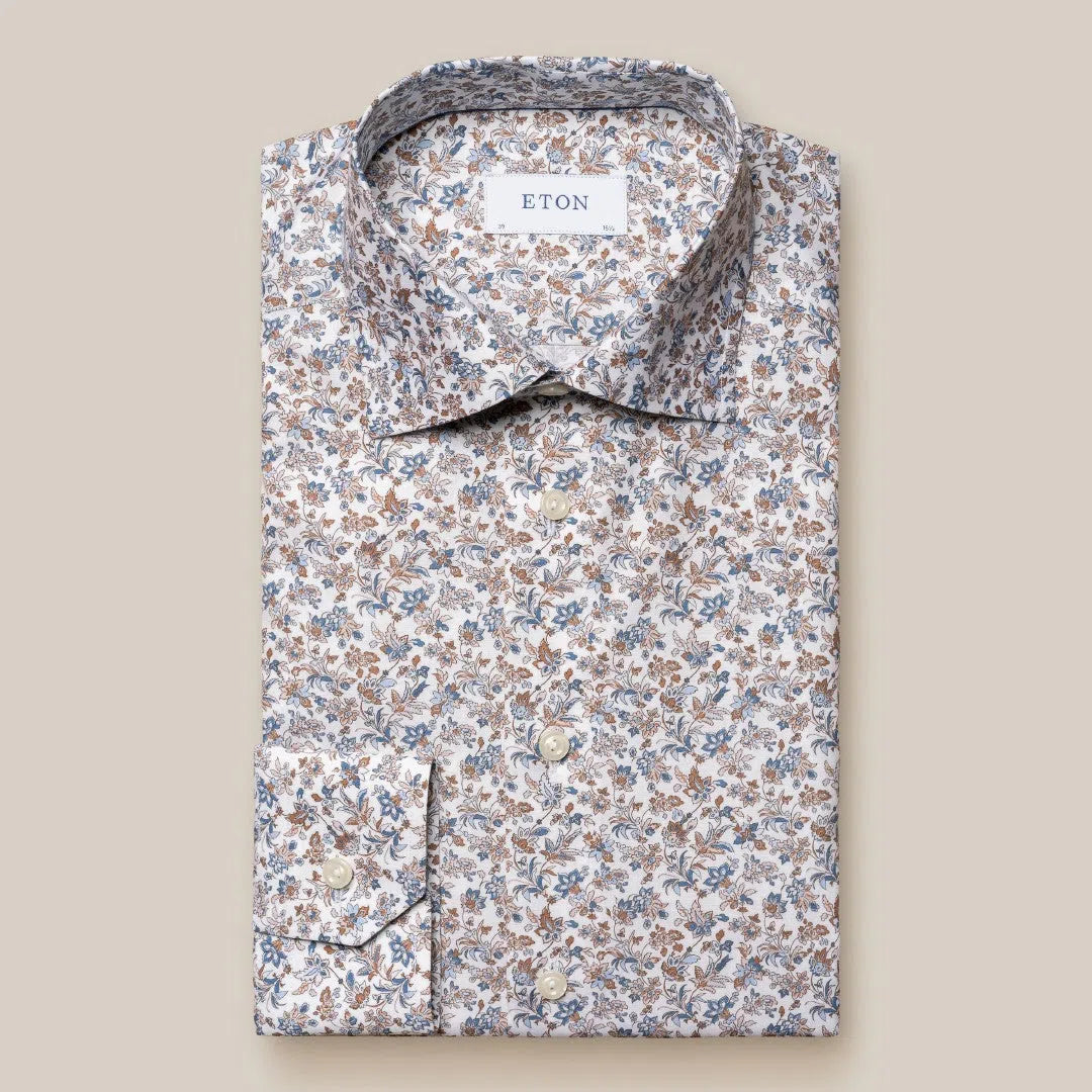 Eton Contemporary Fit Floral Shirt Beige/Brown/Blue-MALFORD OF LONDON SAVILE ROW MENSWEAR OUTLET