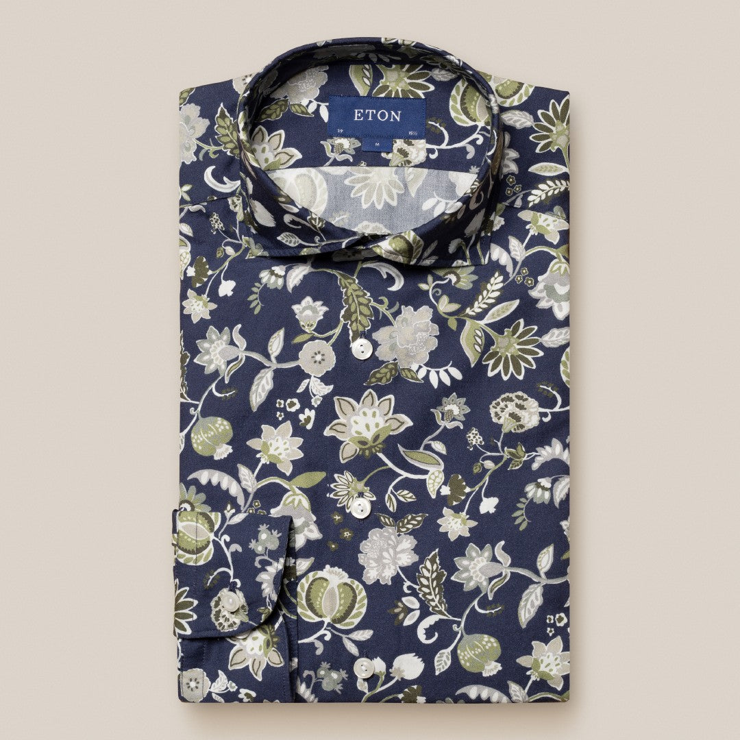 Eton Contemporary Fit Floral Shirt Navy/Greens-MALFORD OF LONDON SAVILE ROW MENSWEAR OUTLET