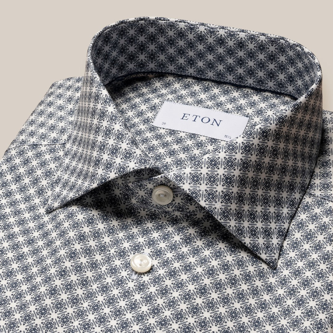 Eton Contemporary Fit Floral Tile Shirt Dark Blue-MALFORD OF LONDON SAVILE ROW MENSWEAR OUTLET