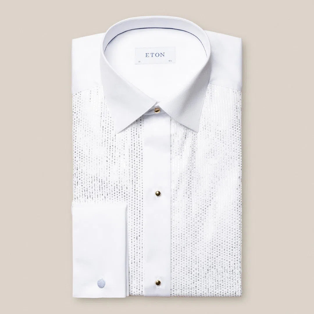 Eton Contemporary Fit Foil Stripe Satin Shirt White/Silver-MALFORD OF LONDON SAVILE ROW MENSWEAR OUTLET