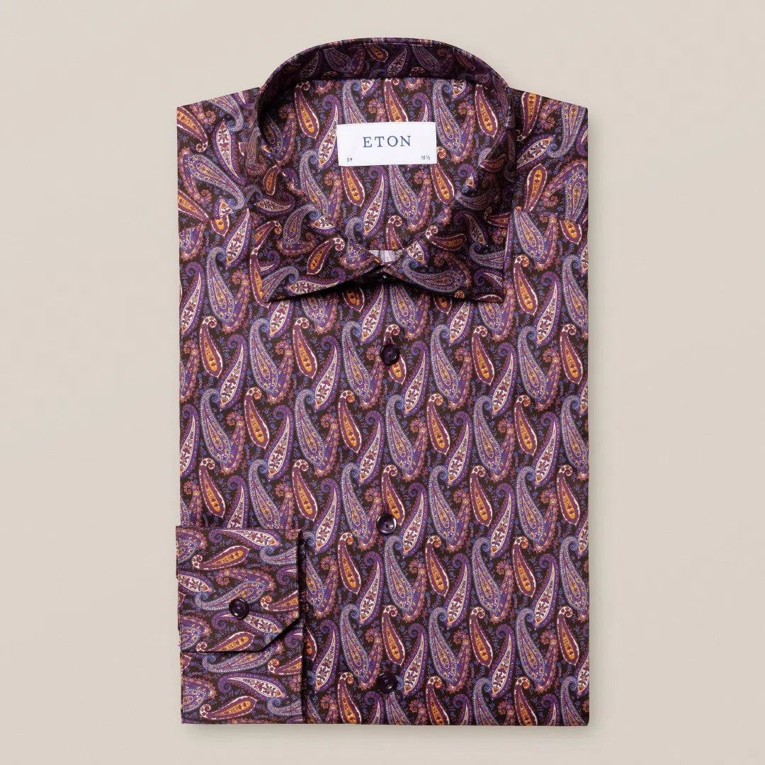 Eton Contemporary Fit Geometric Paisley Shirt Dark Purple-MALFORD OF LONDON SAVILE ROW MENSWEAR OUTLET