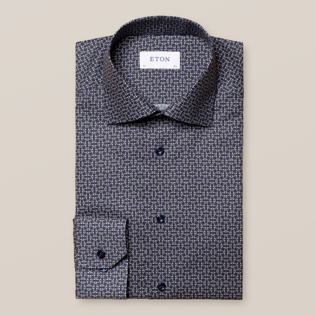 Eton Contemporary Fit Headphone Print Shirt Navy Blue