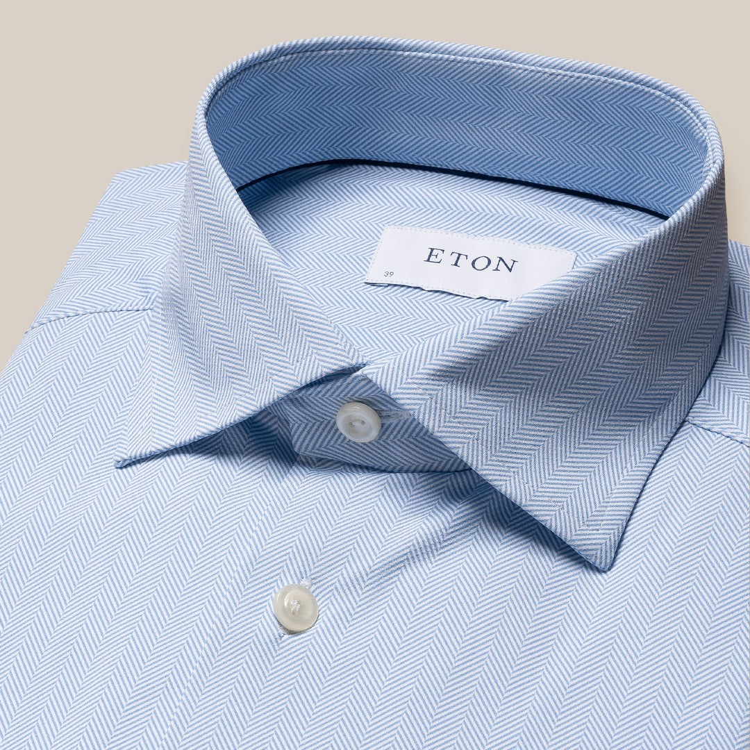 Eton Contemporary Fit Herringbone Shirt Light Blue-MALFORD OF LONDON SAVILE ROW MENSWEAR OUTLET