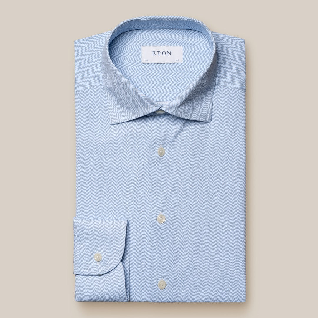 Eton Contemporary Fit Herringbone Shirt Light Blue-MALFORD OF LONDON SAVILE ROW MENSWEAR OUTLET