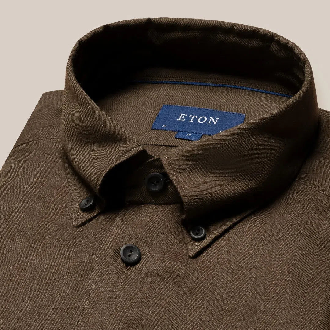 Eton Contemporary Fit Herringbone Stripe Shirt Dark Brown-MALFORD OF LONDON SAVILE ROW MENSWEAR OUTLET