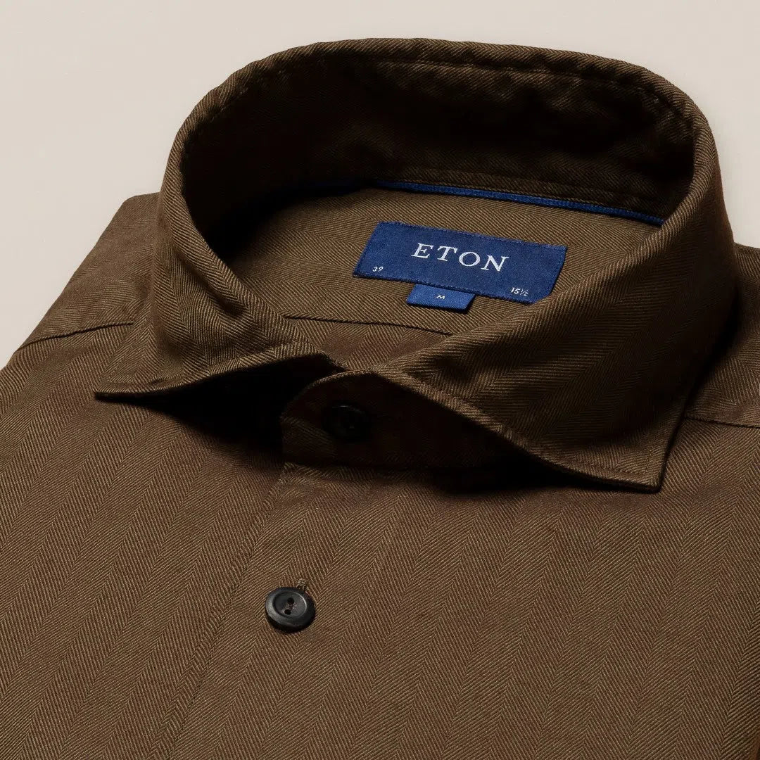 Eton Contemporary Fit Herringbone Weave Shirt Dark Brown-MALFORD OF LONDON SAVILE ROW MENSWEAR OUTLET