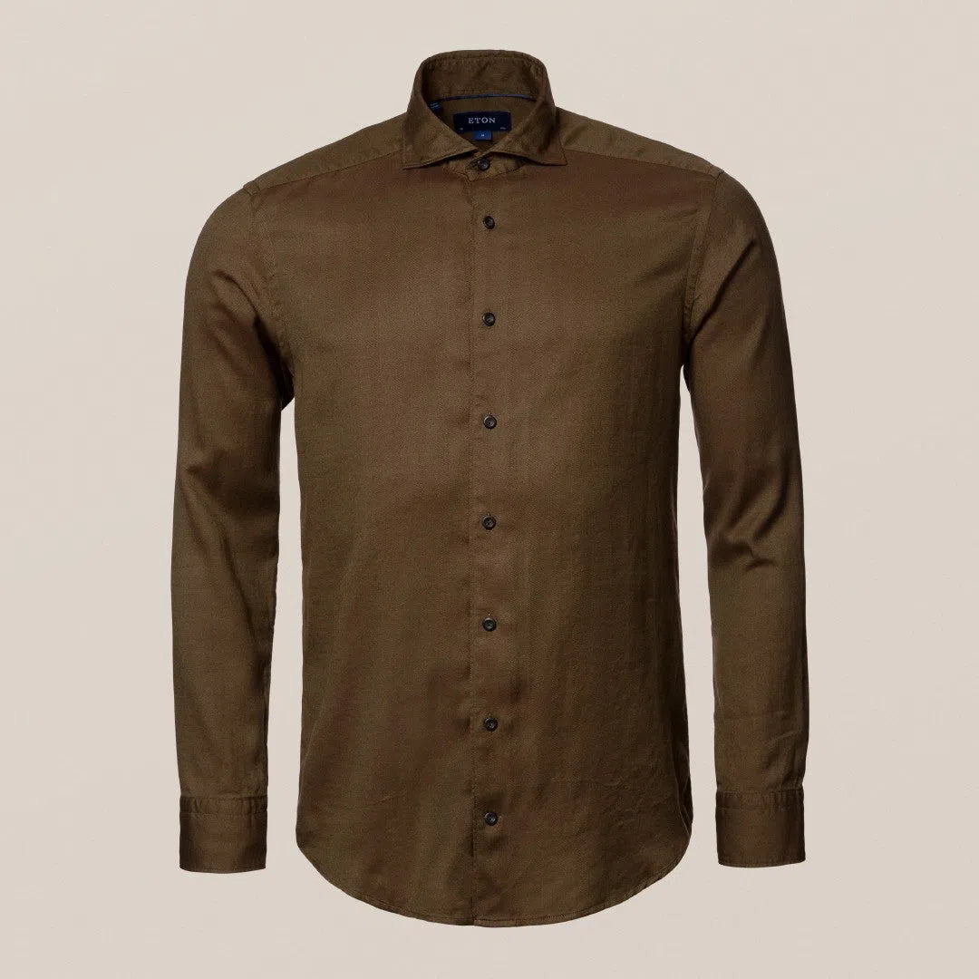 Eton Contemporary Fit Herringbone Weave Shirt Dark Brown-MALFORD OF LONDON SAVILE ROW MENSWEAR OUTLET