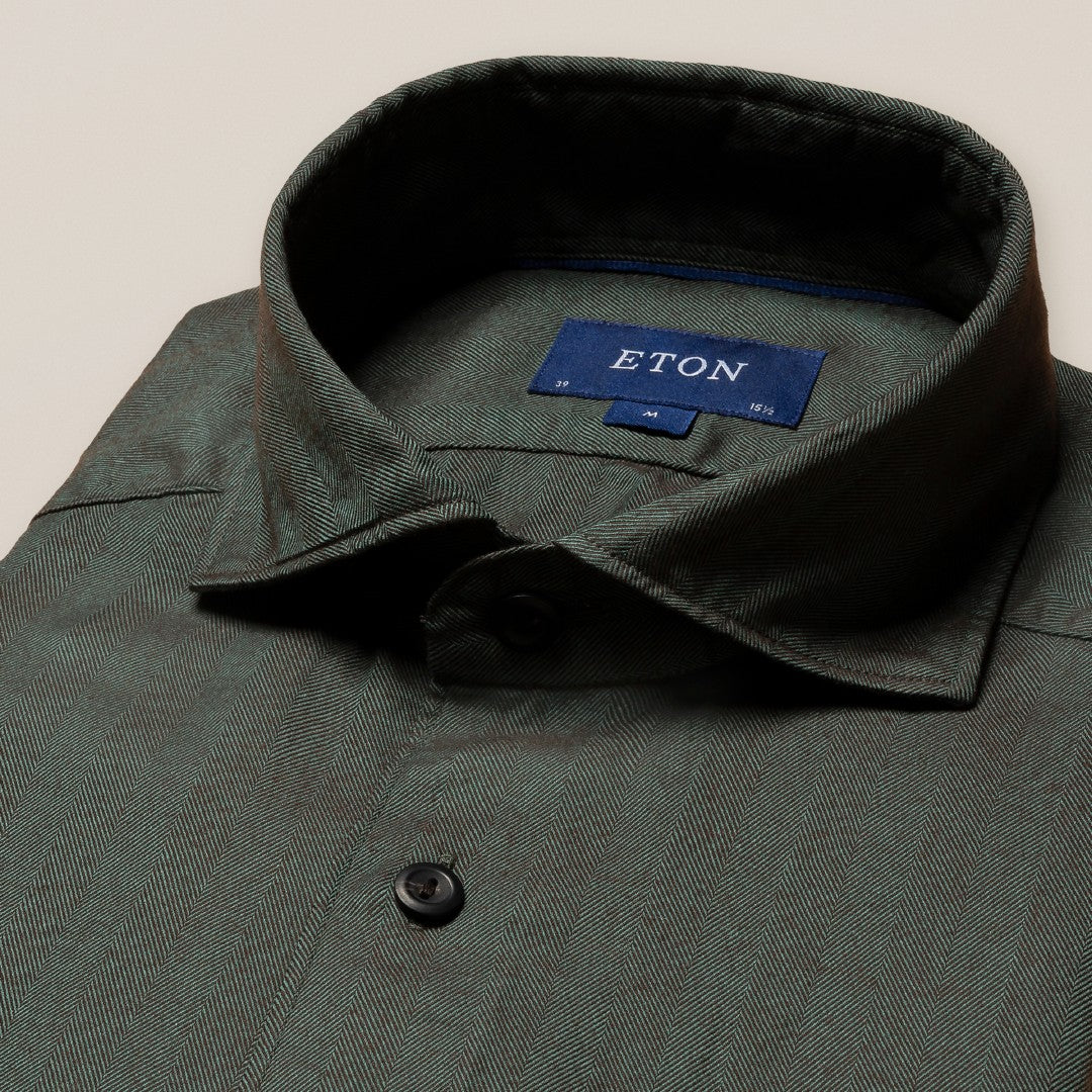 Eton Contemporary Fit Herringbone Weave Shirt Dark Green-MALFORD OF LONDON SAVILE ROW MENSWEAR OUTLET