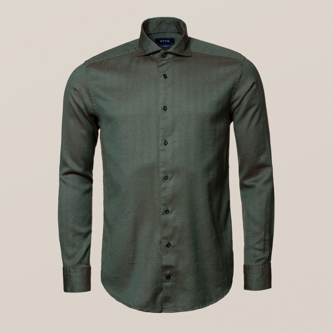 Eton Contemporary Fit Herringbone Weave Shirt Dark Green-MALFORD OF LONDON SAVILE ROW MENSWEAR OUTLET