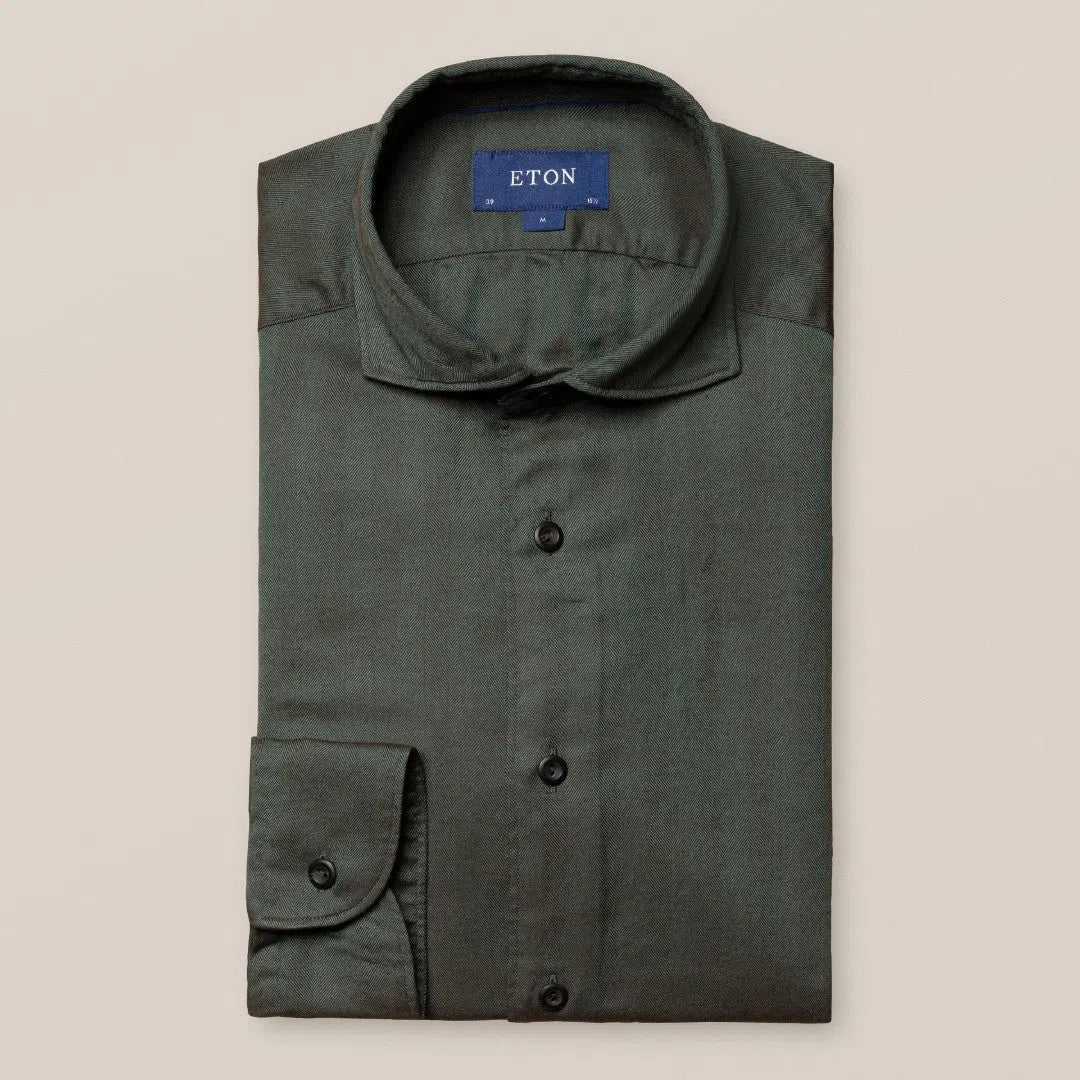 Eton Contemporary Fit Herringbone Weave Shirt Dark Green-MALFORD OF LONDON SAVILE ROW MENSWEAR OUTLET