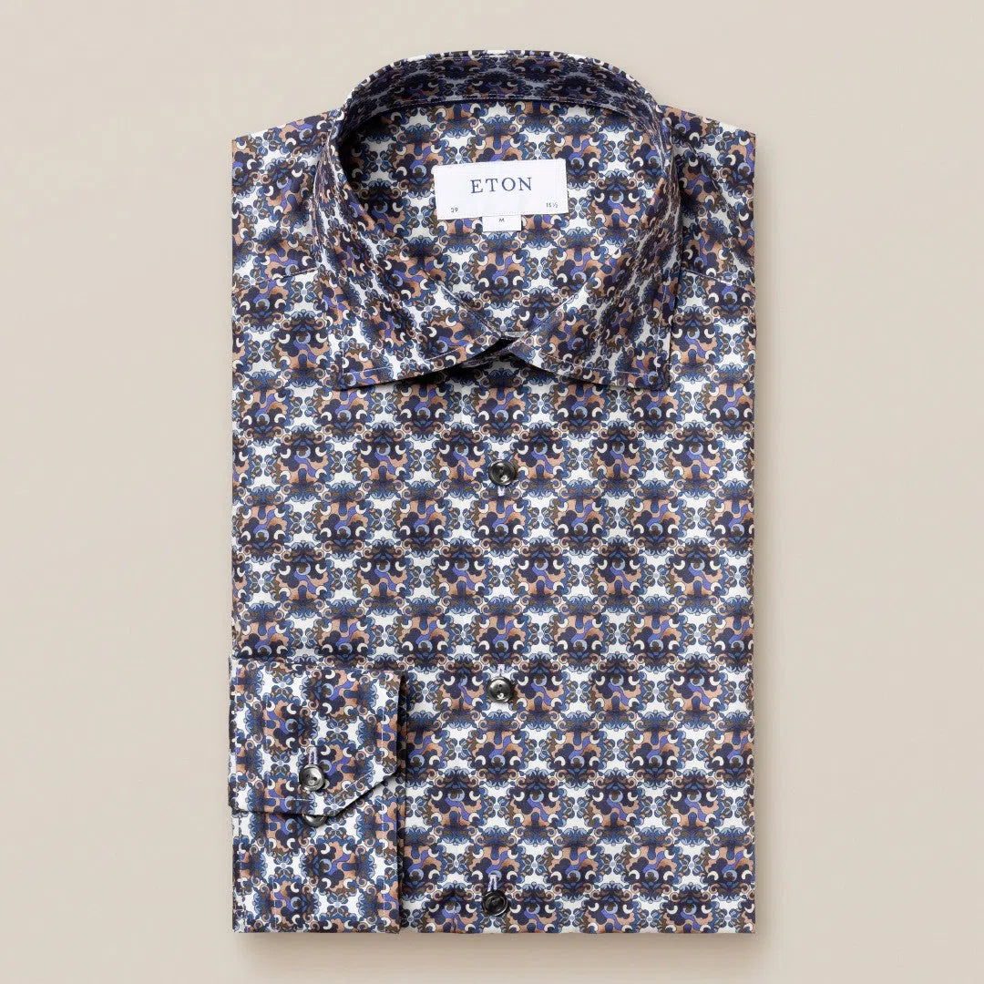 Eton Contemporary Fit Medallion Print Shirt Mid Blue-MALFORD OF LONDON SAVILE ROW MENSWEAR OUTLET