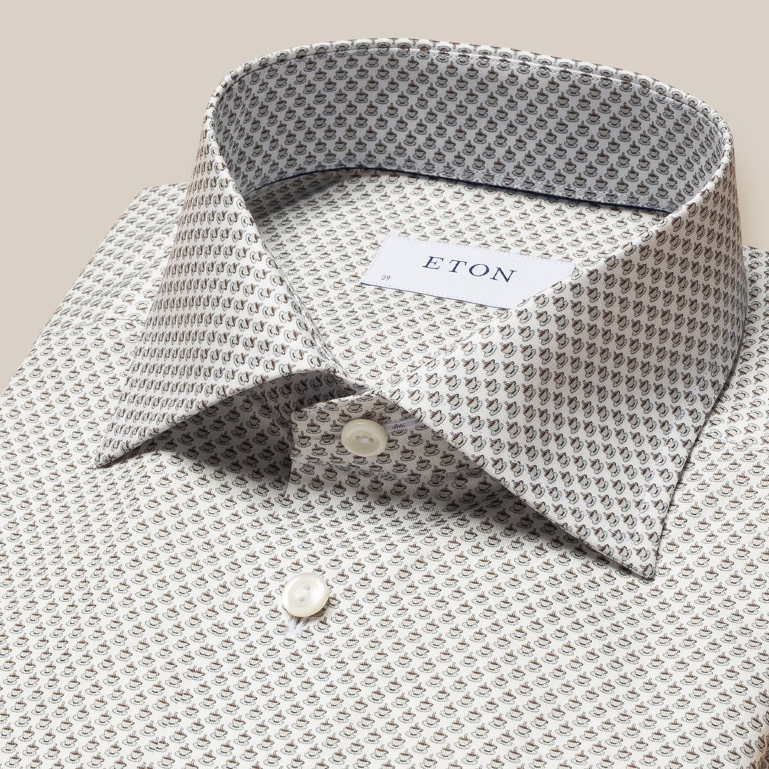 Eton Contemporary Fit Micro Coffee Cup Print Shirt Light Grey/Cream/Browns-MALFORD OF LONDON SAVILE ROW MENSWEAR OUTLET