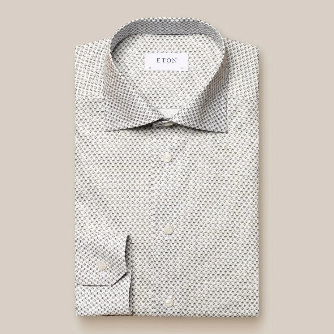 Eton Contemporary Fit Micro Coffee Cup Print Shirt Light Grey/Cream/Browns-MALFORD OF LONDON SAVILE ROW MENSWEAR OUTLET