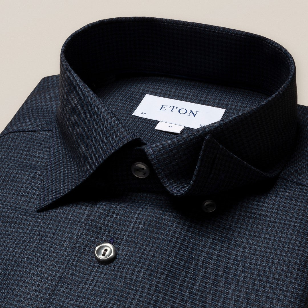 Eton Contemporary Fit Micro Houndstooth Merino Shirt Dark Blue