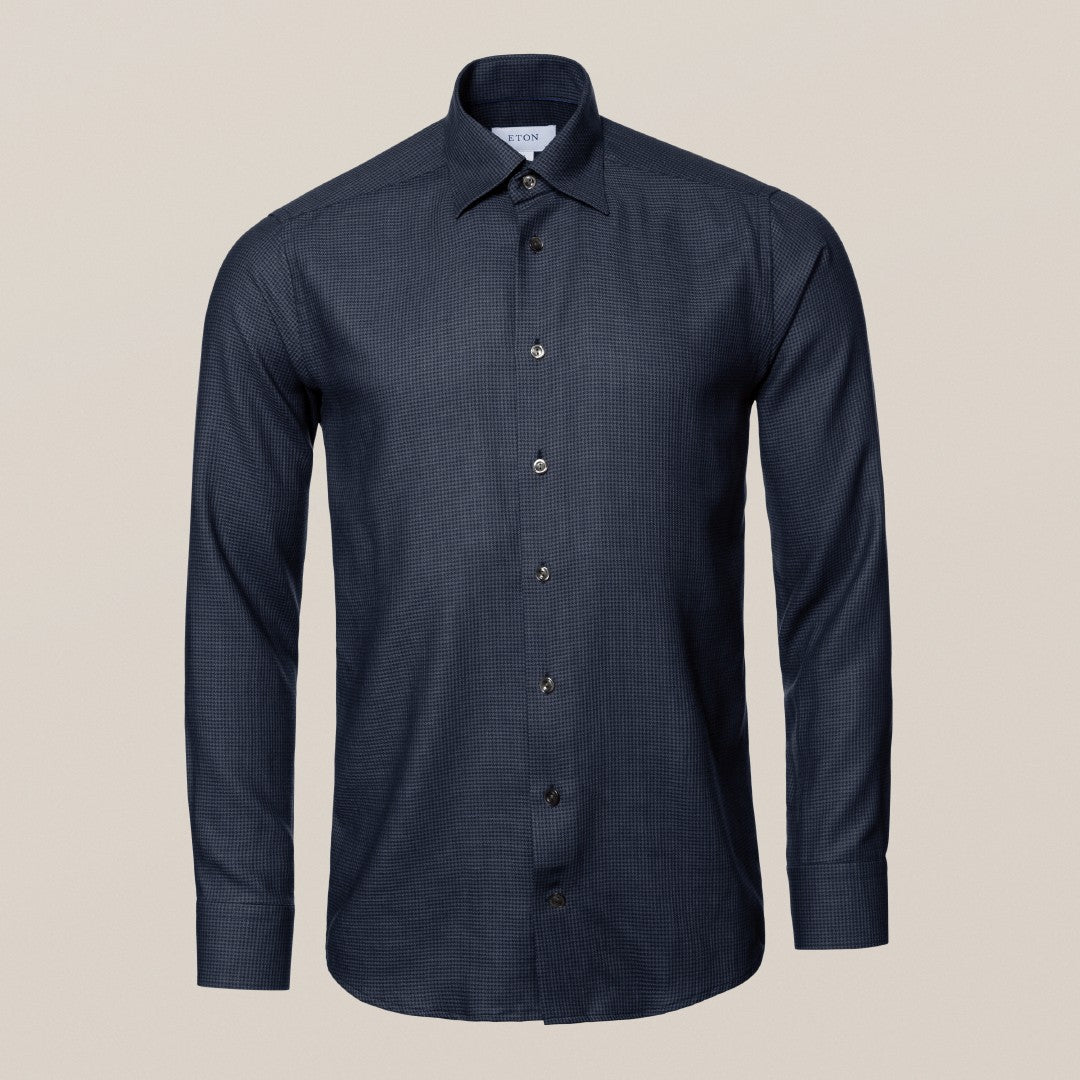 Eton Contemporary Fit Micro Houndstooth Merino Shirt Dark Blue