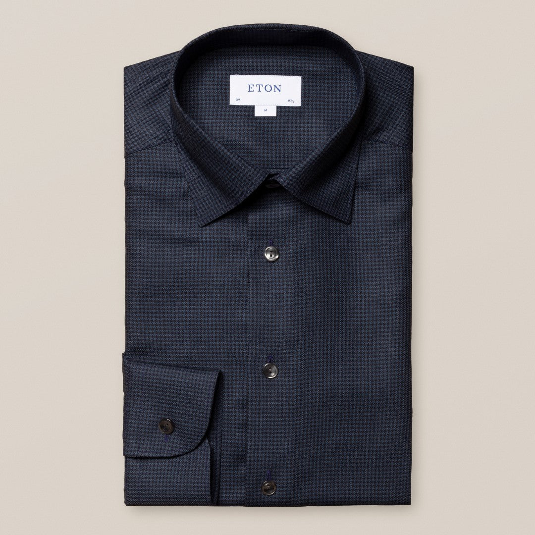 Eton Contemporary Fit Micro Houndstooth Merino Shirt Dark Blue