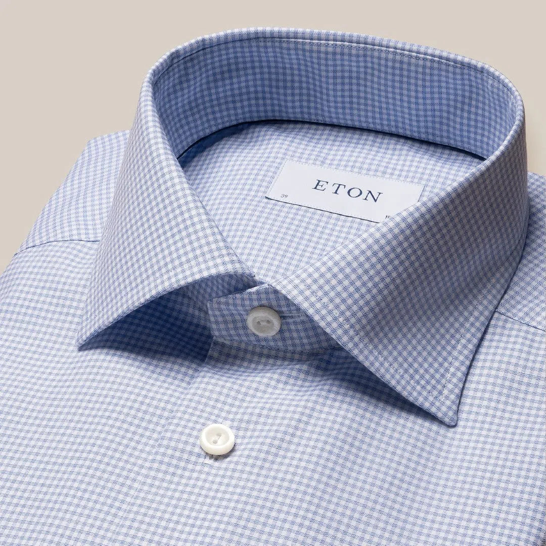 Eton Contemporary Fit Mini Check Shirt Light Blue/White-MALFORD OF LONDON SAVILE ROW MENSWEAR OUTLET